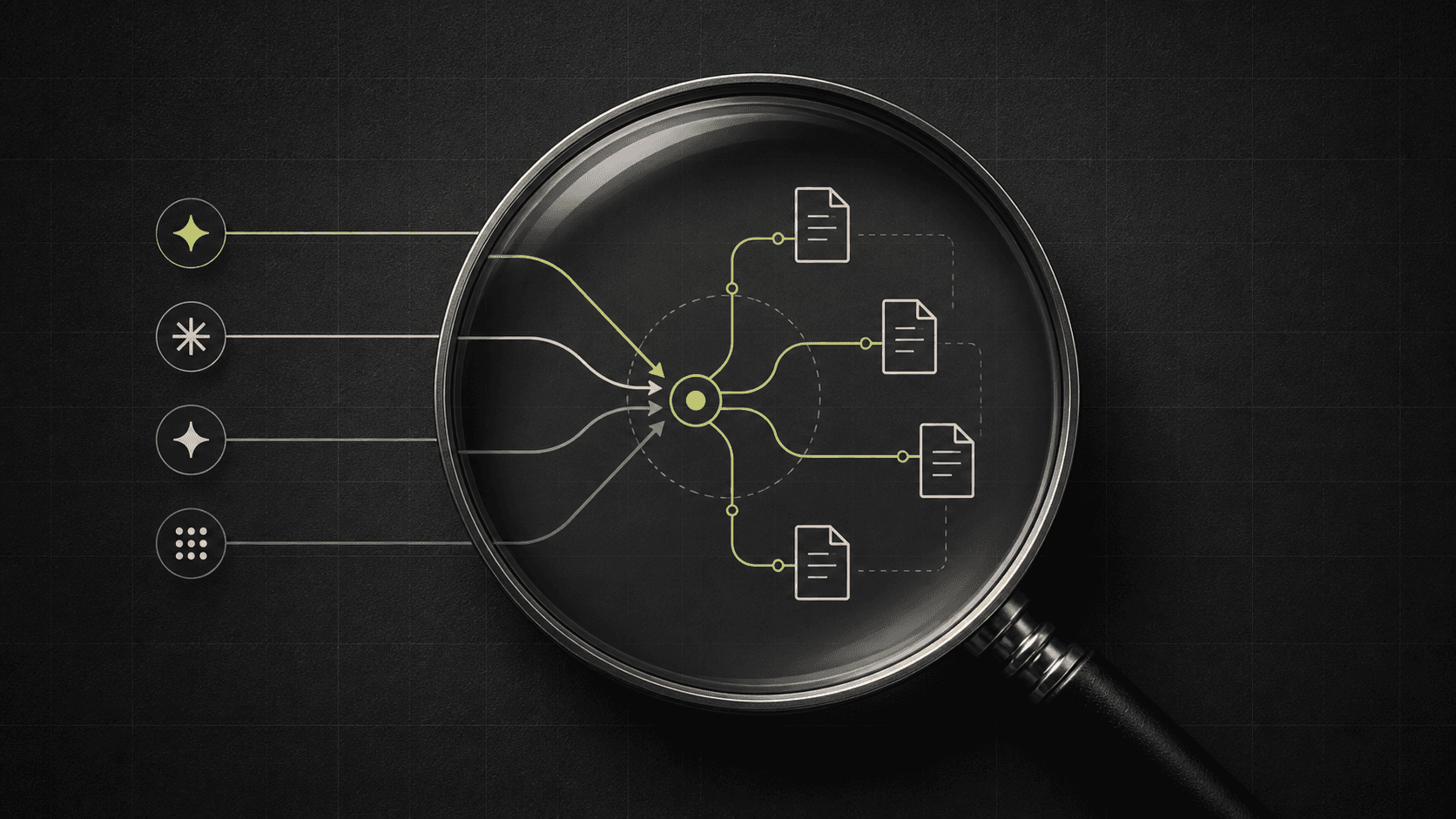 Four AI research paths connecting one question to web sources and an evidence board