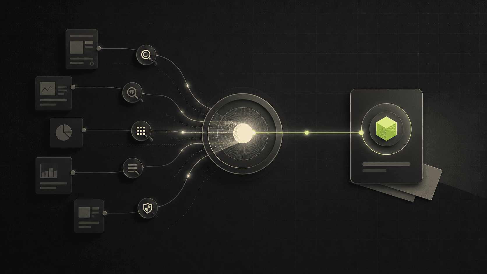 Evidence sources flowing through a central research beacon toward one highlighted brand recommendation